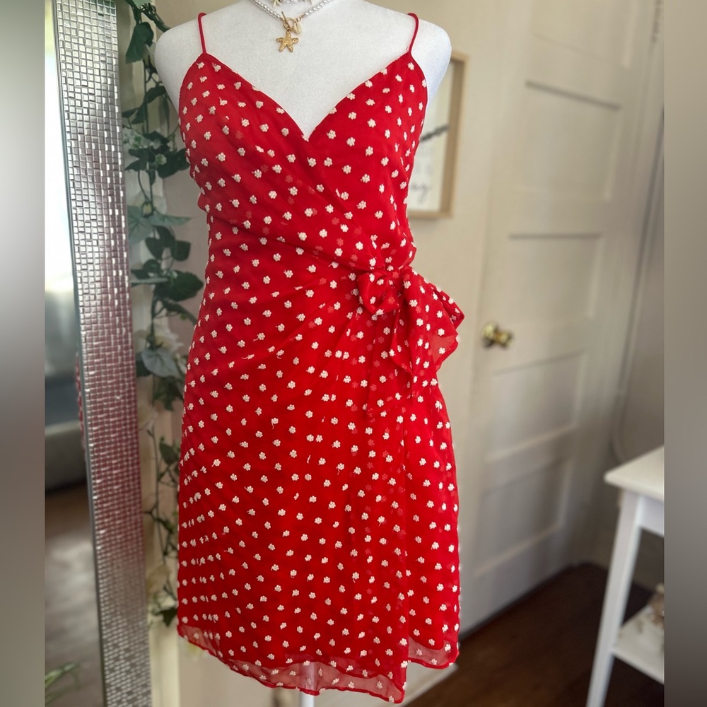 Alice + Olivia Red Polka Dot Wrap-Style Mini Dress - Picture 12 of 16